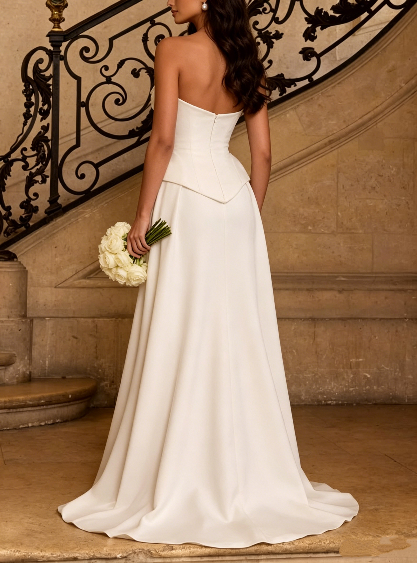 Elegantes schulterfreies A-Linien-Hochzeitskleid aus elfenbeinfarbenem Satin mit Korsett und Schlitz DP8429