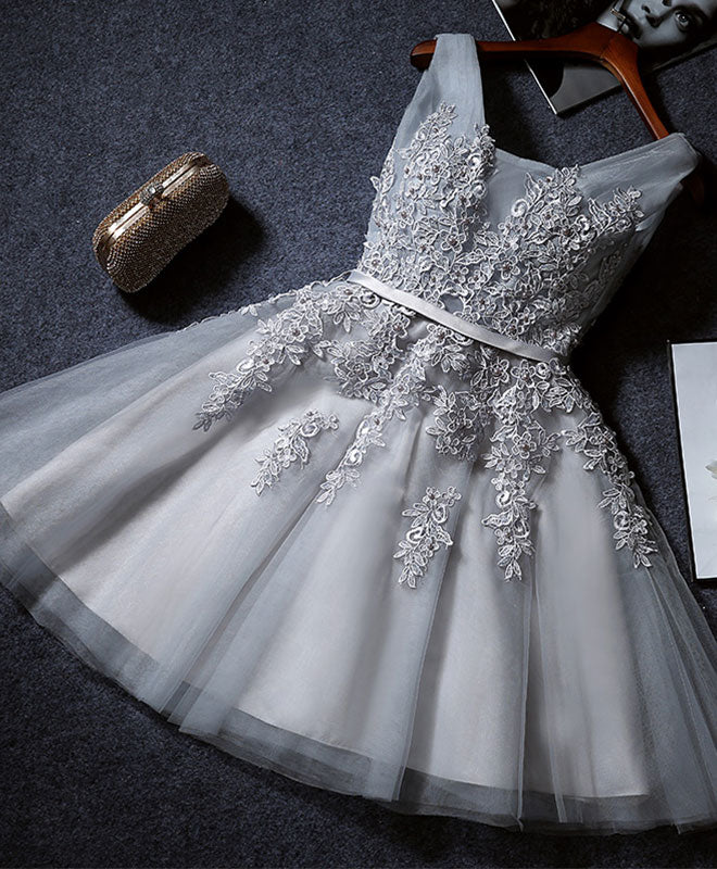 Robe de soirée trapèze en tulle gris vintage avec appliques DP6068