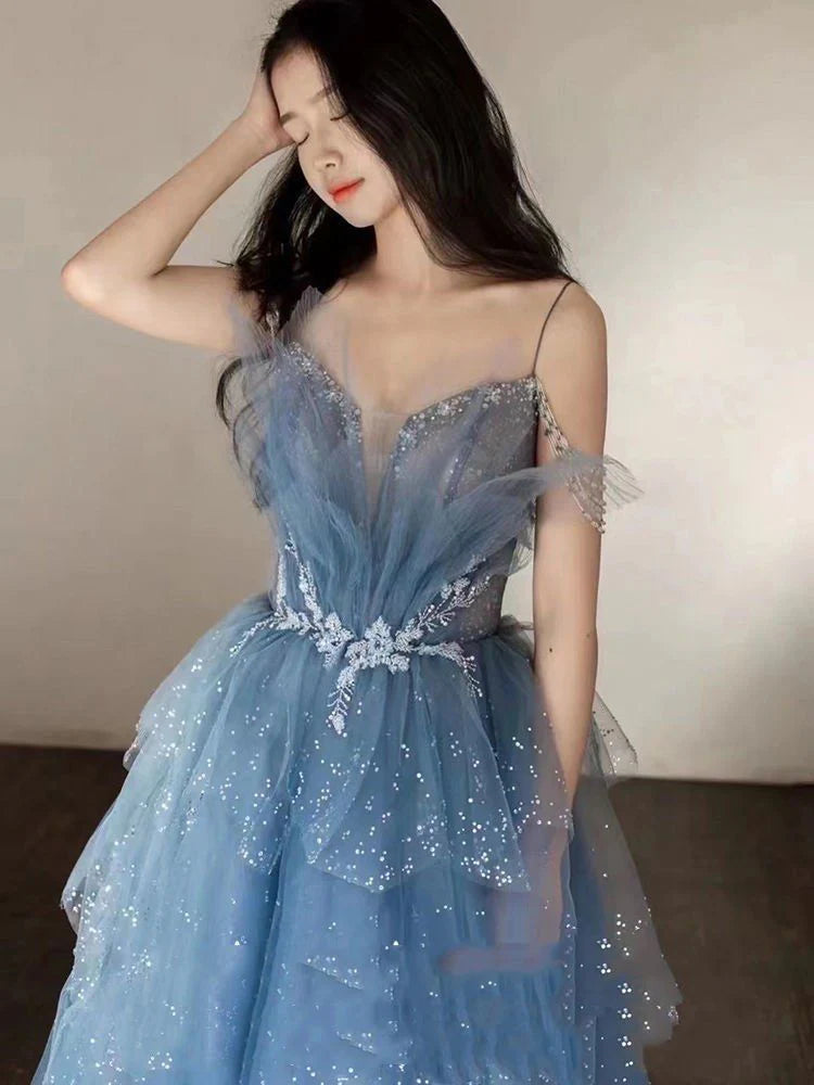 Vintage Blue Beaded Design Elegant A-Line Chiffon Tulle Evening Dress Prom Dress DP6139