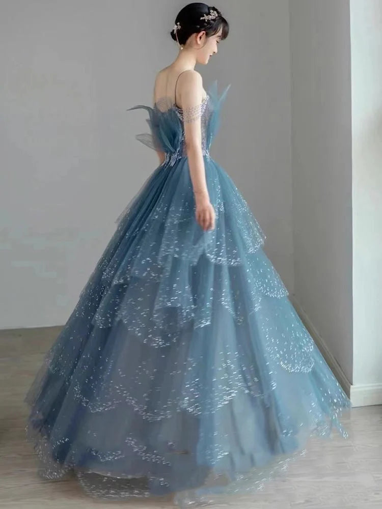 Vintage Blue Beaded Design Elegant A-Line Chiffon Tulle Evening Dress Prom Dress DP6139