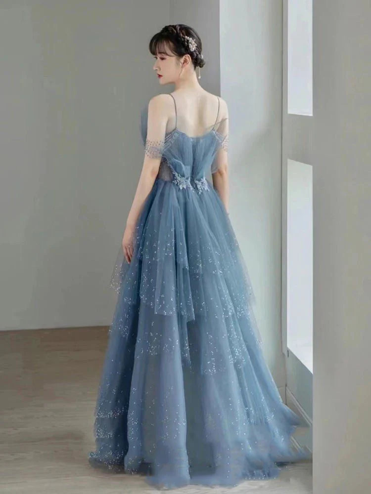 Vintage Blue Beaded Design Elegant A-Line Chiffon Tulle Evening Dress Prom Dress DP6139