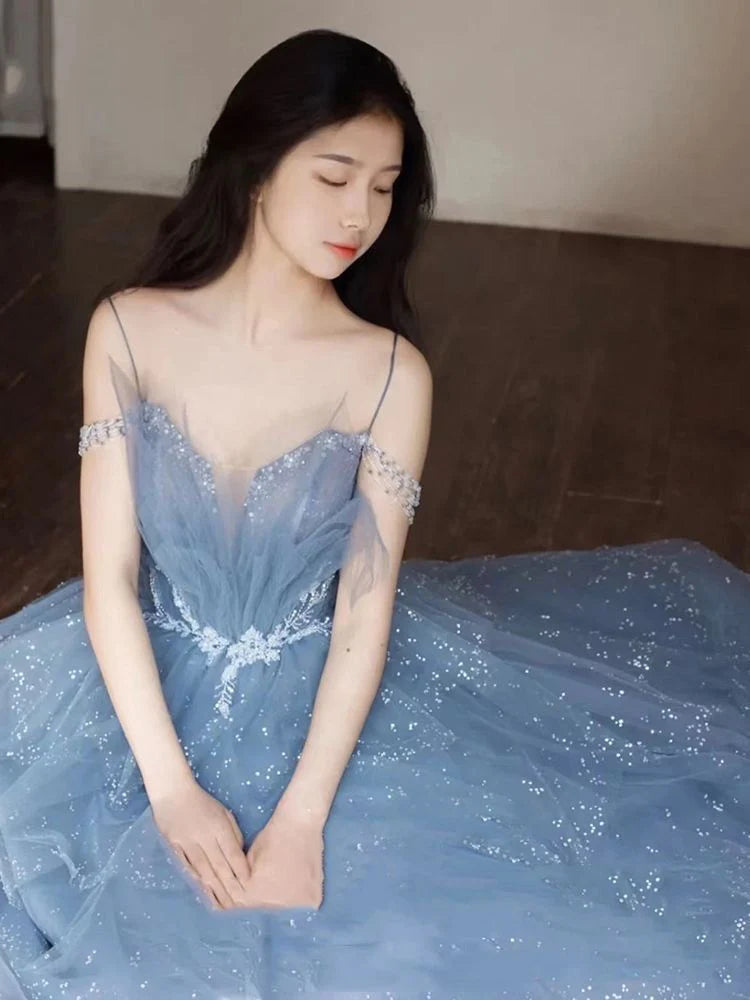 Vintage Blue Beaded Design Elegant A-Line Chiffon Tulle Evening Dress Prom Dress DP6139