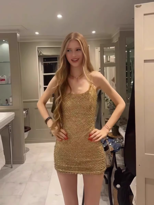 Vintage Goldenes Etuikleid für die Heimkehr, glänzendes Partykleid mit Perlen, kurzes Cocktailkleid, DP6613