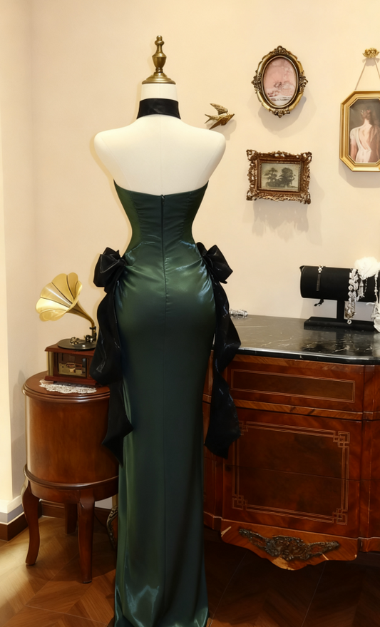 Vintage Emerald Green Strapless Prom Dress Sheath Satin Evening Gown DP7157