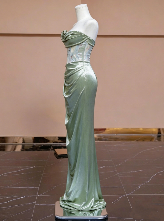 Elegant Sage Green Satin Strapless Mermaid Sequin 3D Floral Evening Gown DP8555