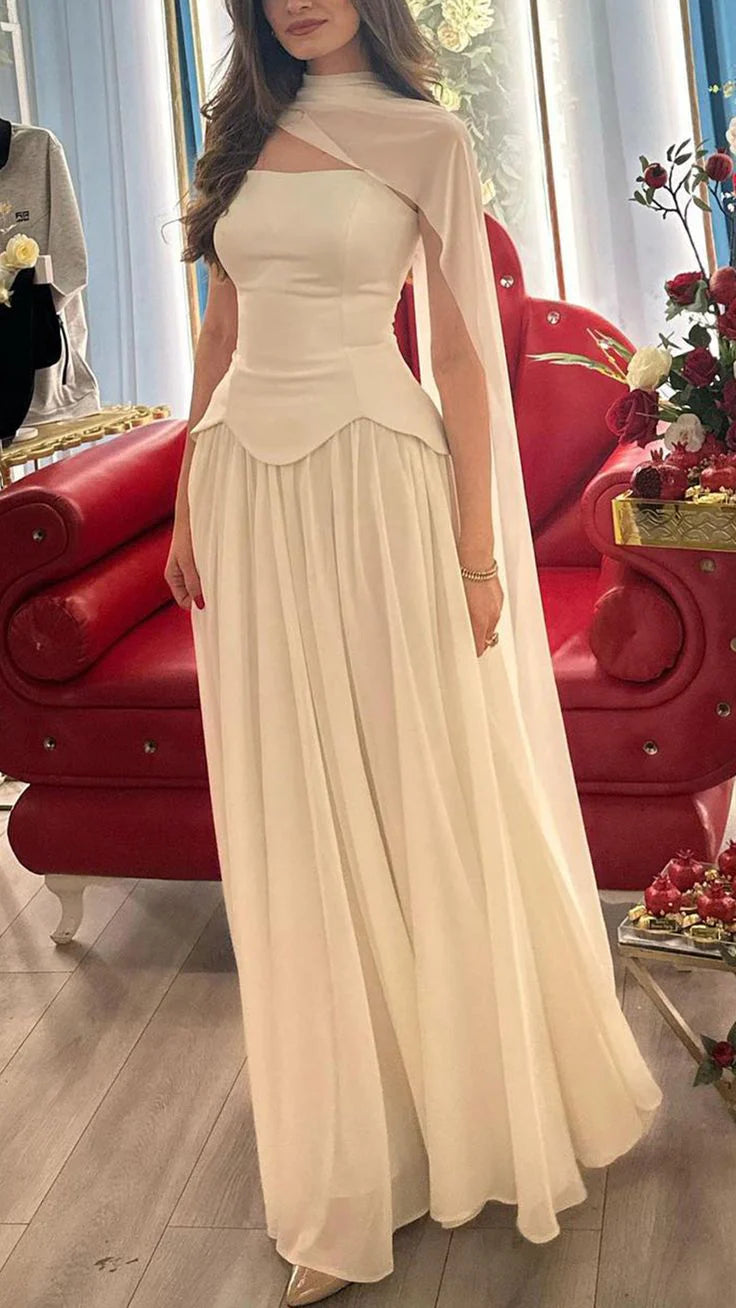Elegant Ivory Strapless Cape Sleeve Chiffon A-Line Formal Party Prom D – DSProm