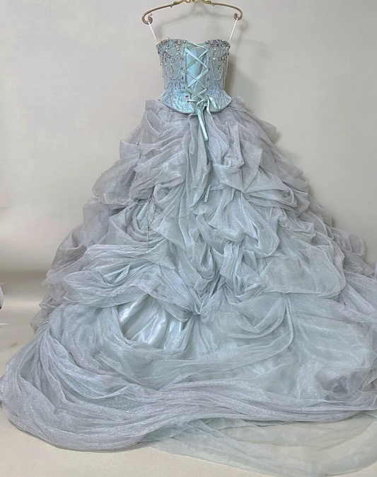 Robe de bal vintage bleu glacier sans bretelles, ornée de perles, de volants et de paillettes, en tulle, pour Sweet 15 ou Quinceañera DP7556