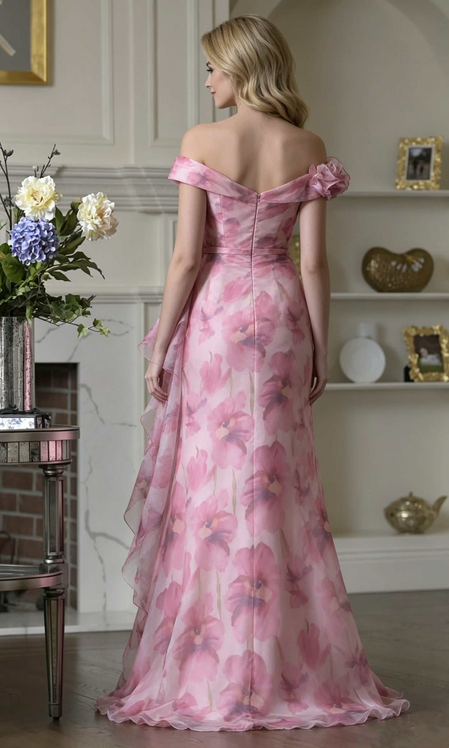 Elegant Pink Floral Chiffon A-Line Off-the-Shoulder Evening Gown DP8407