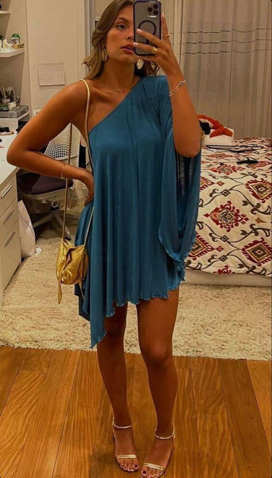 Robe d'été courte bleue asymétrique, tenue de soirée tendance, DP3361