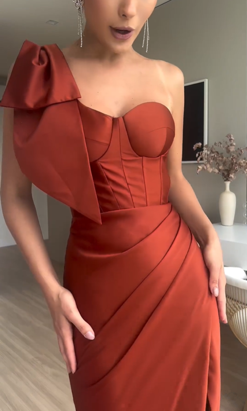 Rust Red One Shoulder Satin Long Prom Dress with Slit, DP2567 – DSProm
