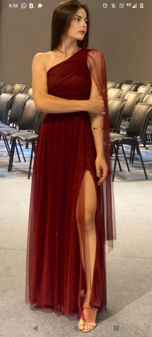 Robe de soirée longue en tulle rouge rouille, asymétrique, coupe trapèze, DP3316