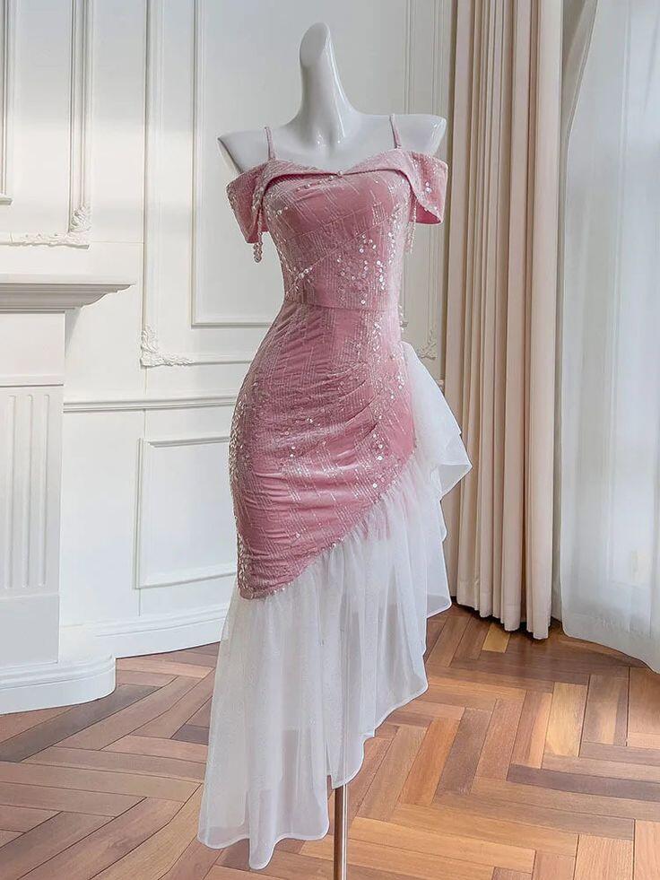 Robe de soirée rose à paillettes et épaules dénudées, tenue d'anniversaire, DP3223