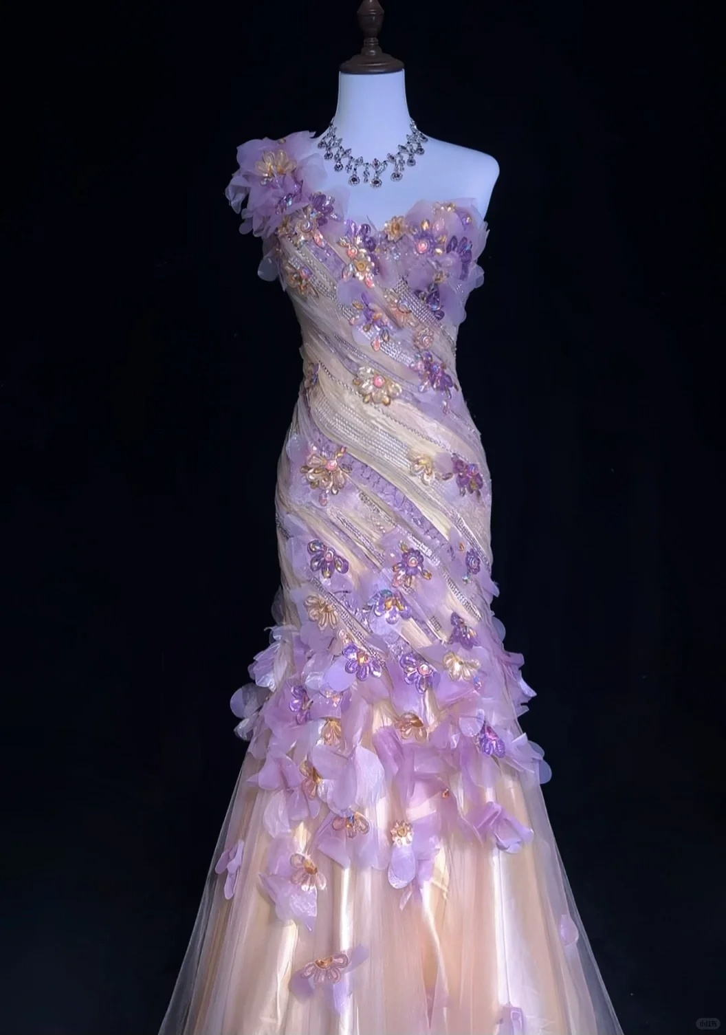 Lilac One Shoulder Floral Mermaid Tulle Long Prom Dress Birthday Gown, DP4885