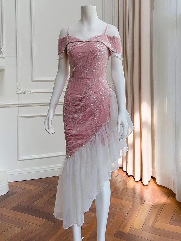 Robe de soirée rose à paillettes et épaules dénudées, tenue d'anniversaire, DP3223