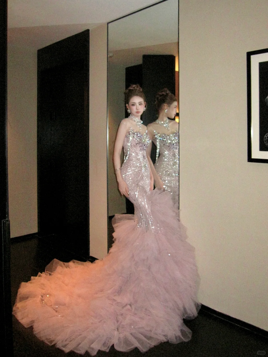 Gorgeous Pink Mermaid Beading Tulle Long Evening Party Dress Birthday Outfits, DP5239