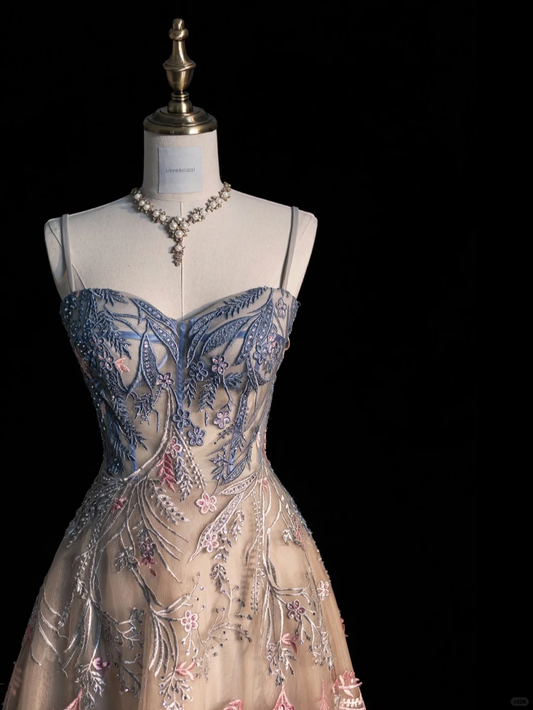 Robe de soirée longue élégante vintage à bretelles spaghetti et broderies, DP5225