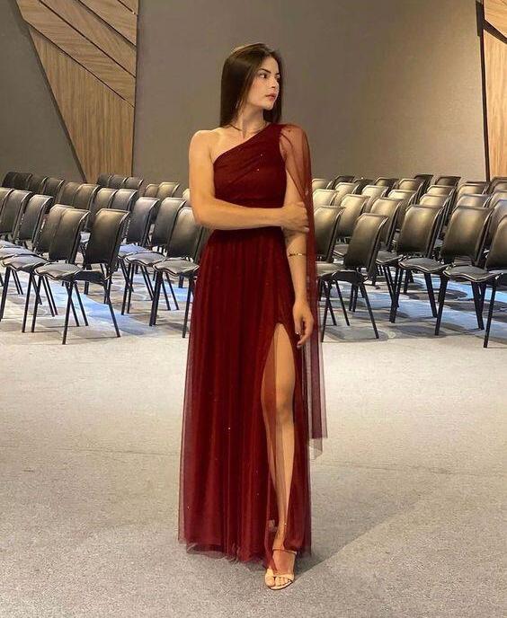 Robe de soirée longue en tulle rouge rouille, asymétrique, coupe trapèze, DP3316