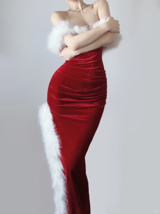 Sexy Red Off Shoulder Mermaid Velvet Long Evening Dress Christmas Outfits, DP5368