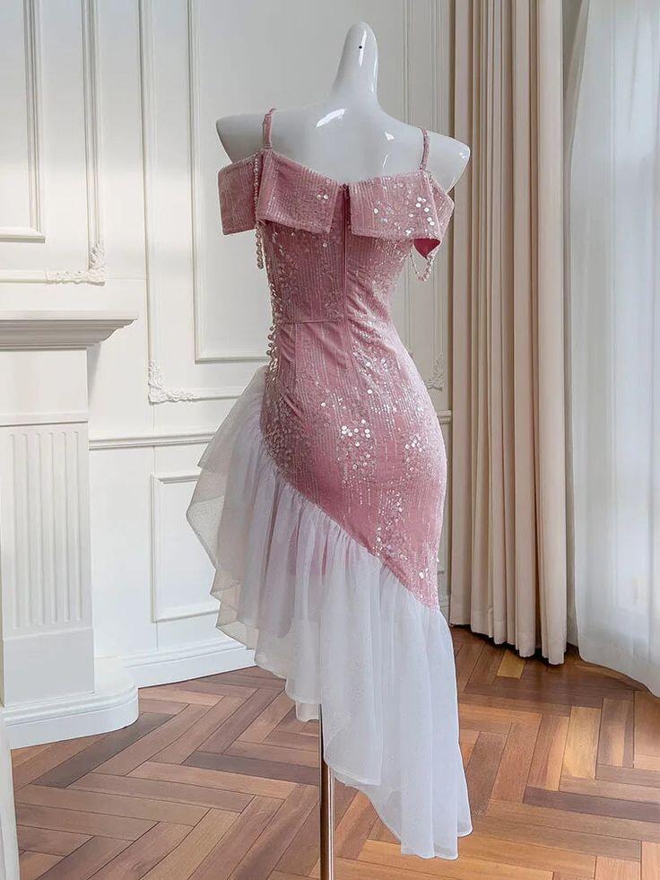 Robe de soirée rose à paillettes et épaules dénudées, tenue d'anniversaire, DP3223
