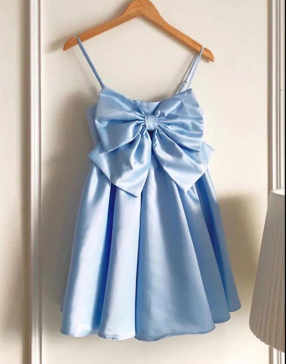 Hellblaues Mini-Heimkehrkleid mit Trägern und Schleife, Geburtstags-Outfits, DP3125