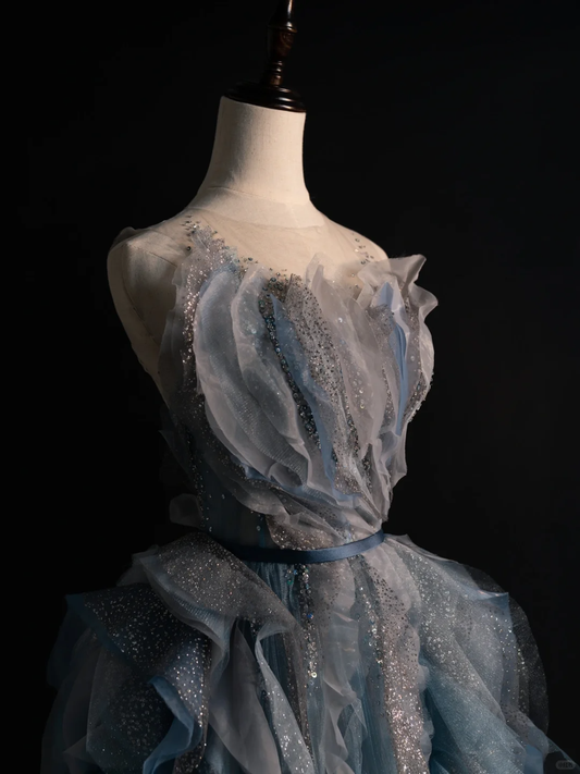 New Arrival Blue Sleeveless A-Line Tulle Long Formal Prom Dress Evening Gown, DP5215