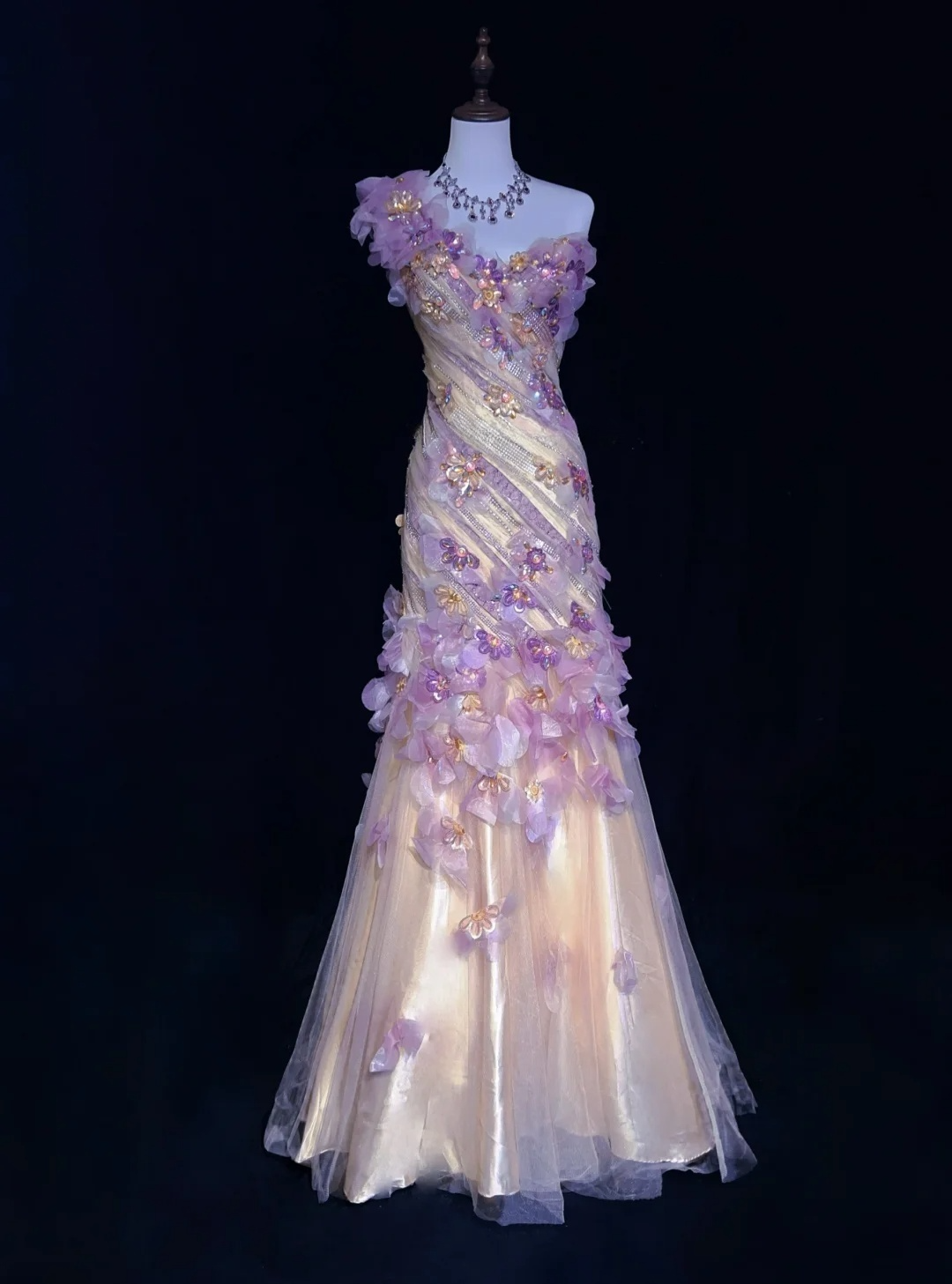 Lilac One Shoulder Floral Mermaid Tulle Long Prom Dress Birthday Gown, DP4885