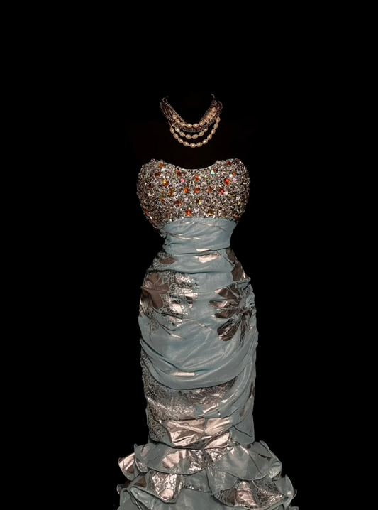 Blue Strapless Mermaid Beading Tiered Ruffles Vintage Long Evening Party Dress, DP5410