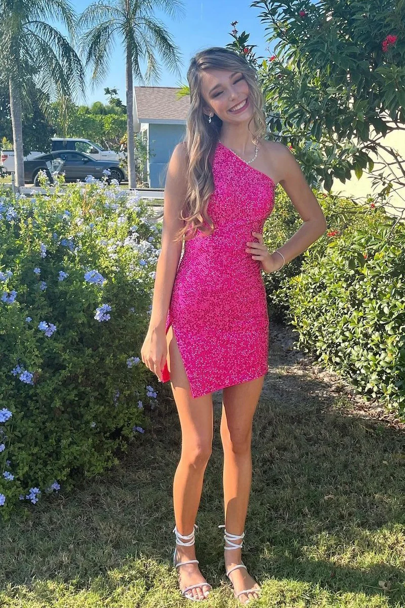 Robe de soirée simple rose vif à une épaule et paillettes, DP2552