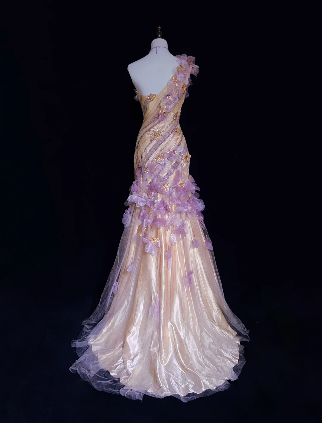 Lilac One Shoulder Floral Mermaid Tulle Long Prom Dress Birthday Gown, DP4885