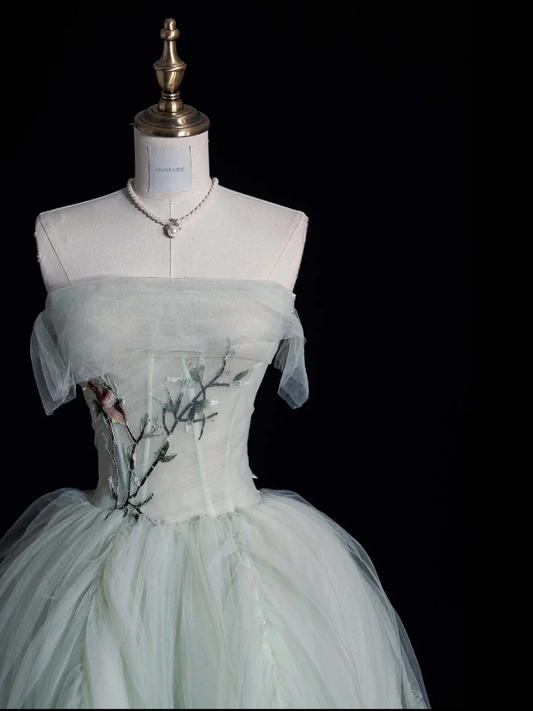 Light Green Strapless A-Line Tulle Long Prom Dresses Evening Ball Gowns, DP5117