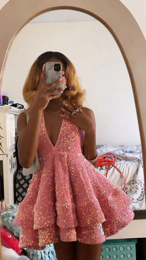 Robe de soirée trapèze rose à paillettes et col en V, DP2970