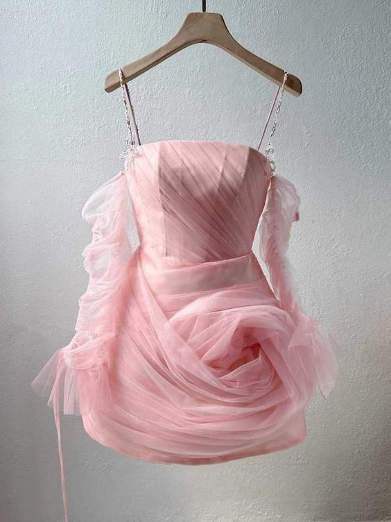 Robe trapèze rose en tulle à bretelles, tenue d'anniversaire, jolie robe de soirée, DP3196