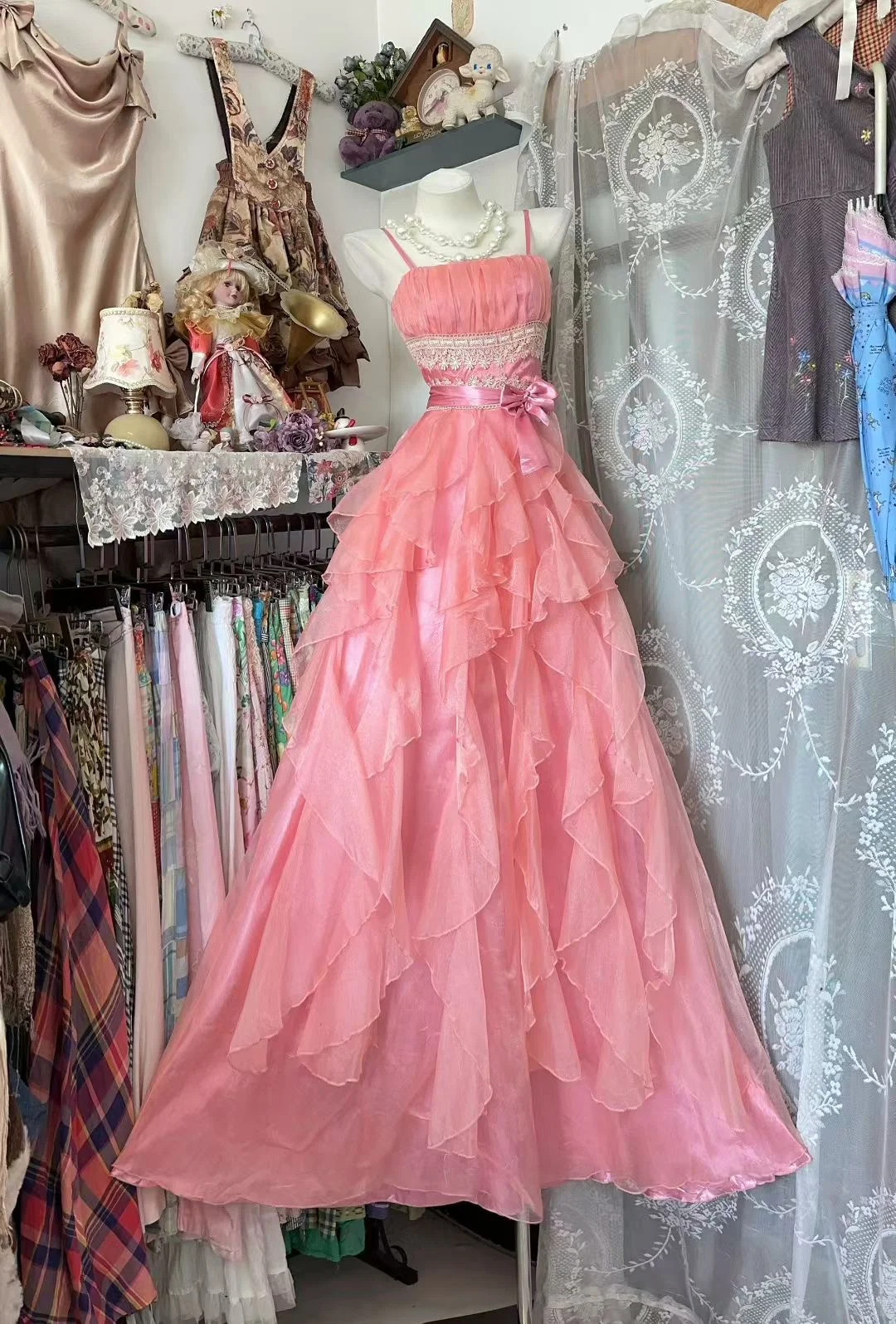Vintage Pink Spaghetti Strap Ruffled A-Line Prom Dress DP7956 – DSProm