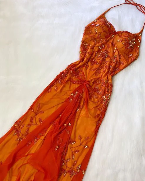Orange Halter Beading Appliques Vintage Long Party Dress, DP2494
