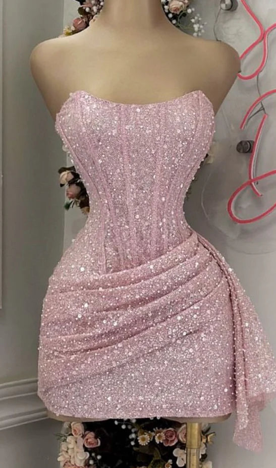 Cute Pink Shiny Sequin Strapless Bodycon Short Party Dress Cocktail Dress Homecoming Dress DP6438