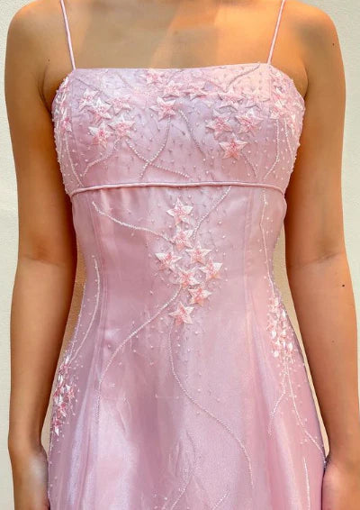 Vintage Rosa A-Linie Stickerei Ballkleid Langes Chiffon Abendkleid Spaghettiträger Formales Kleid, DP6591
