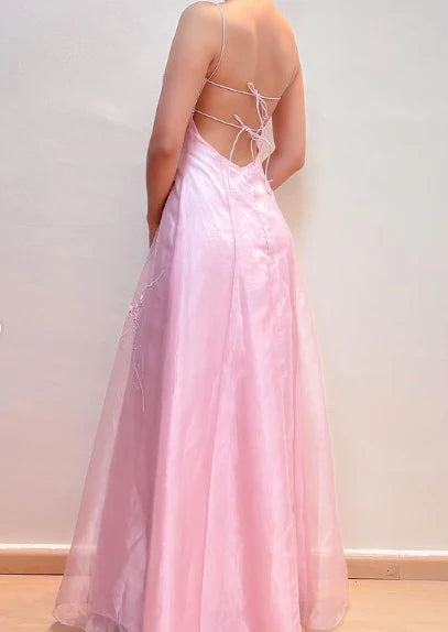 Vintage Rosa A-Linie Stickerei Ballkleid Langes Chiffon Abendkleid Spaghettiträger Formales Kleid, DP6591