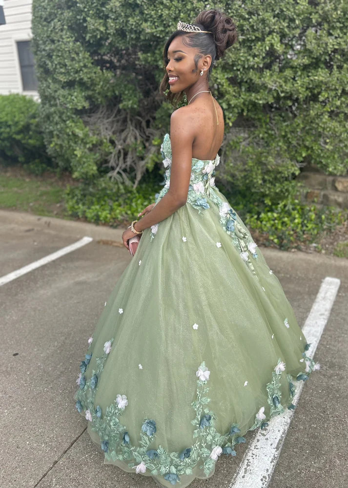 Retro Green Sweetheart Applique Sweet 16 Quinceanera A-Line Tulle Floor-length Prom Dress Birthday Dress Evening Dress Ball Gown DP6455
