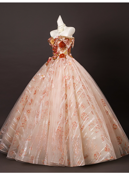 Vintage Floral Sequin Beaded Tulle Sweet 16 Quinceanera Sweetheart Off-the-shoulder Sweetheart Evening Dress A-Line Floor Length Ball Gown DP6913