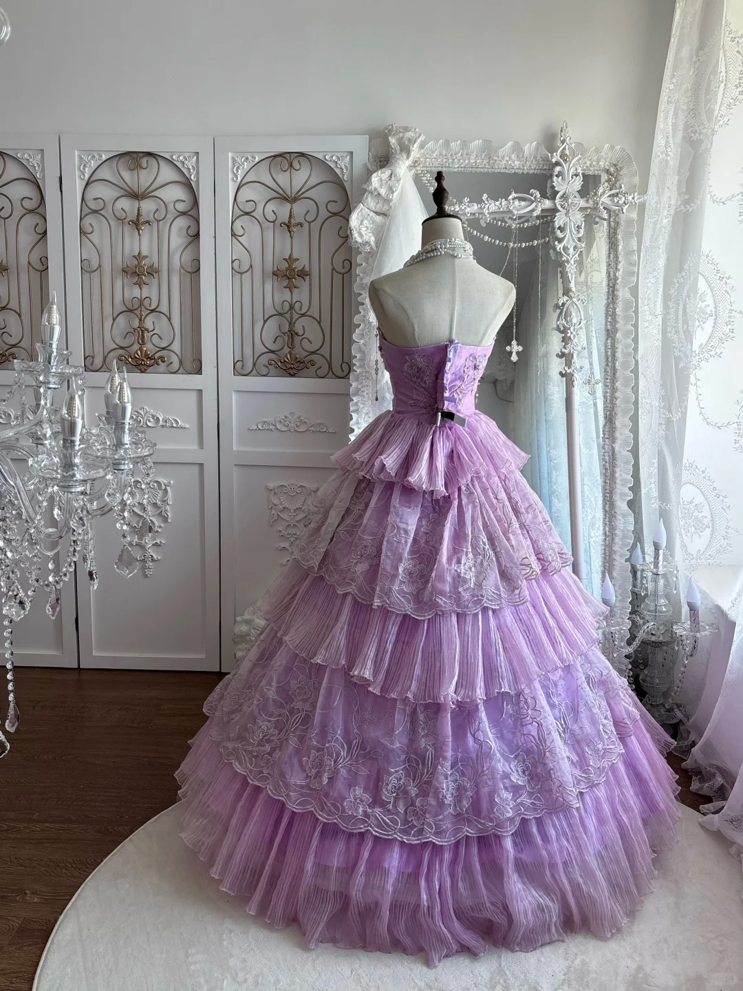 Elegant Lavender Strapless Tiered Floral Lace Embroidery Ball Gown DP8291