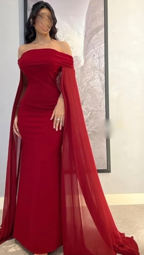 Charming Red Off Shoulder Mermaid Long Evening Dress with Cape, DP3233