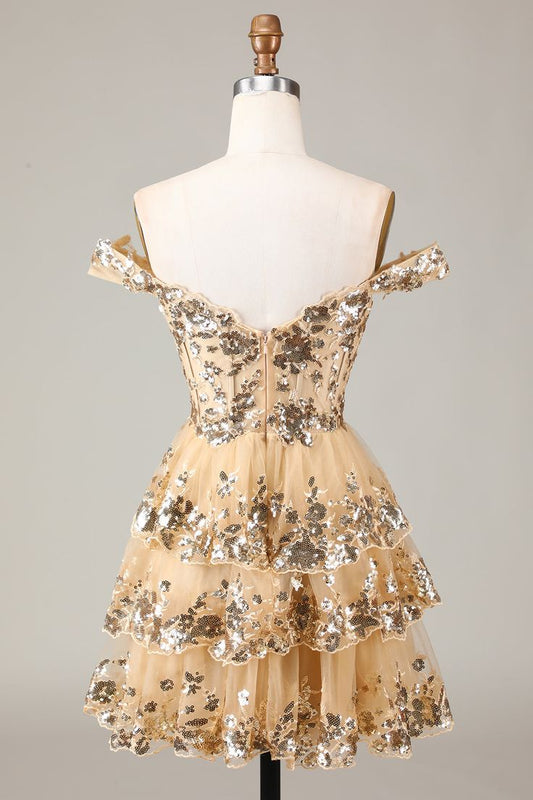Robe de soirée courte vintage dorée à épaules dénudées, robe trapèze en dentelle à volants et sequins, DP5823