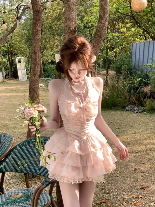 Vintage Pink A-Line Halter-neck Tiered Homecoming Dress Party Dress Cocktail Dress DP6708