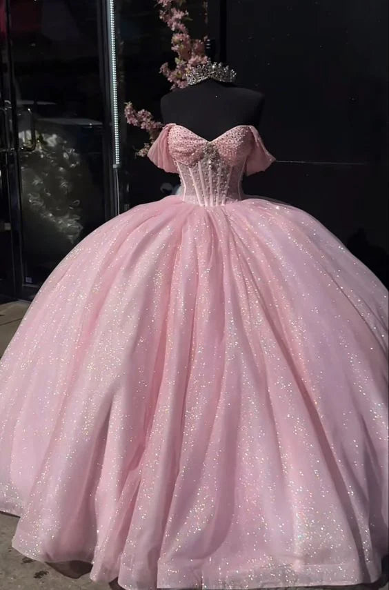 Wunderschönes rosa Sweetheart Pailletten Off-the-Shoulder A-Linie Tüll Bodenlanges Ballkleid Geburtstagskleid Abendkleid Ballkleid DP6500