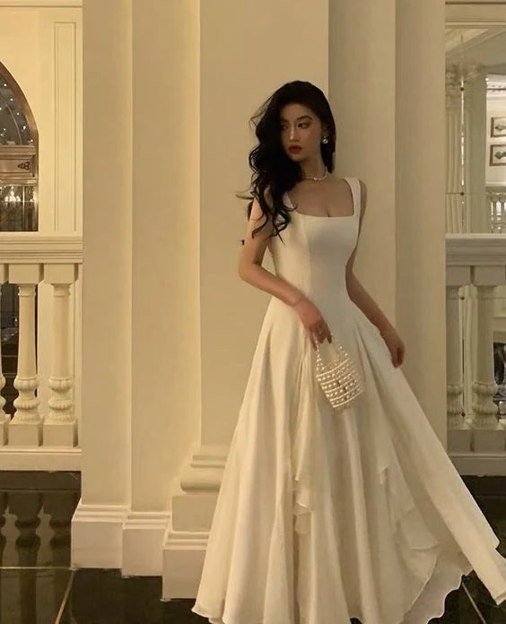 Vintage White Chiffon Long Prom Dress A-Line Ruffle Formal Dress, DP6563