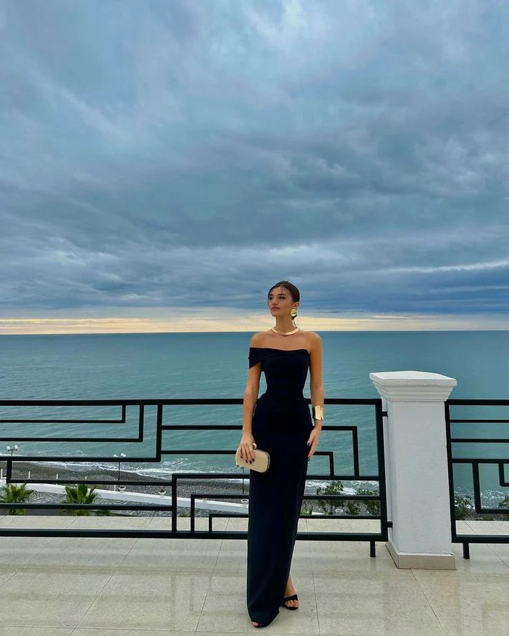 Elegant Black Asymmetric One-Shoulder Floor-Length Sheath Prom Dress DP8487