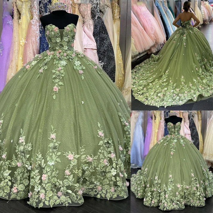 Elegant Sweetheart Green Applique Sweet 16 Quinceanera A-Line Floor-length Prom Dress Birthday Dress Evening Dress Ball Gown DP6444