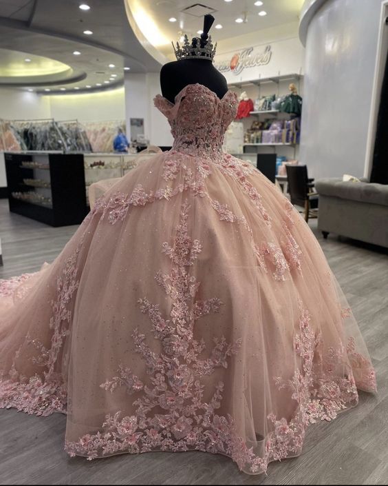Elegantes rosa schulterfreies A-Linien-Ballkleid mit Paillettenapplikationen und bodenlangem Sweet 16 Quinceanera-Kleid, Geburtstagskleid, Abendkleid, Ballkleid, DP6443
