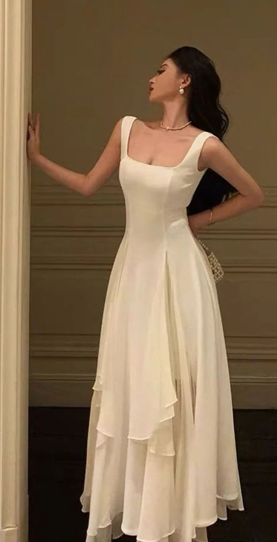 Vintage White Chiffon Long Prom Dress A-Line Ruffle Formal Dress, DP6563