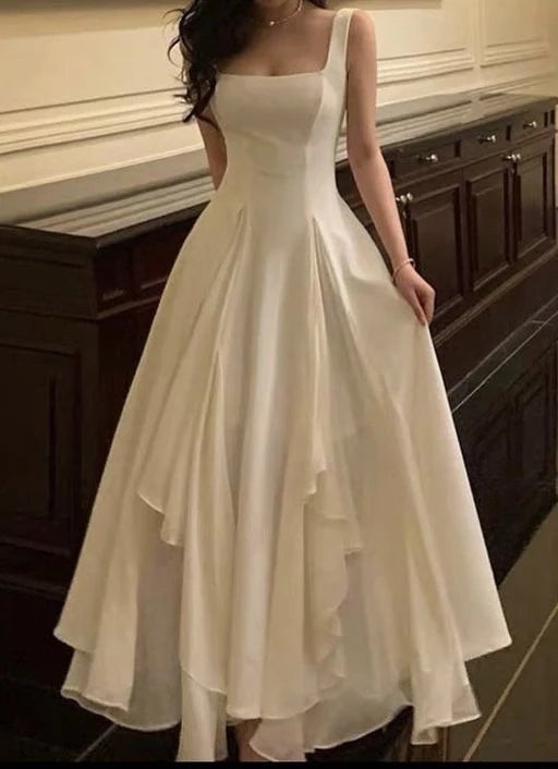 Vintage White Chiffon Long Prom Dress A-Line Ruffle Formal Dress, DP6563